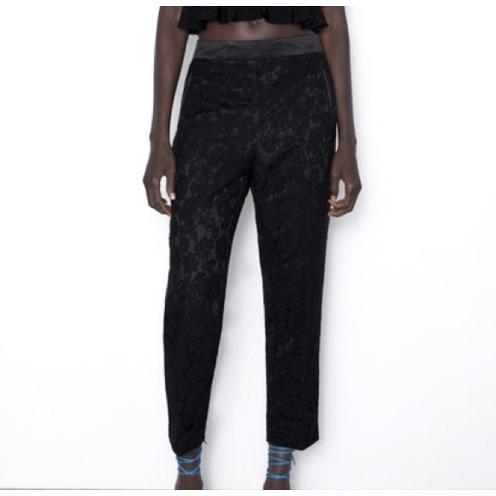 Zara NWT Black Lace Tuxedo Ankle Pants Satin Trim Slim Straight Size Medium